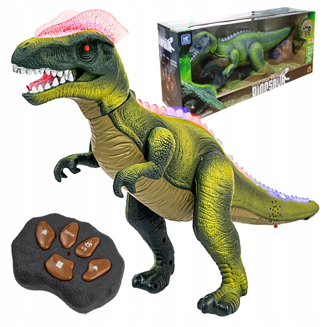Interaktywny dinozaur zdalnie sterowany z efektem LED, widoczny obok opakowania z napisem \'DINOSAUR\'. Obok znajduje się pilot z czterema przyciskami oznaczonymi symbolami i napisami: \'Dance\', \'V/B\'.