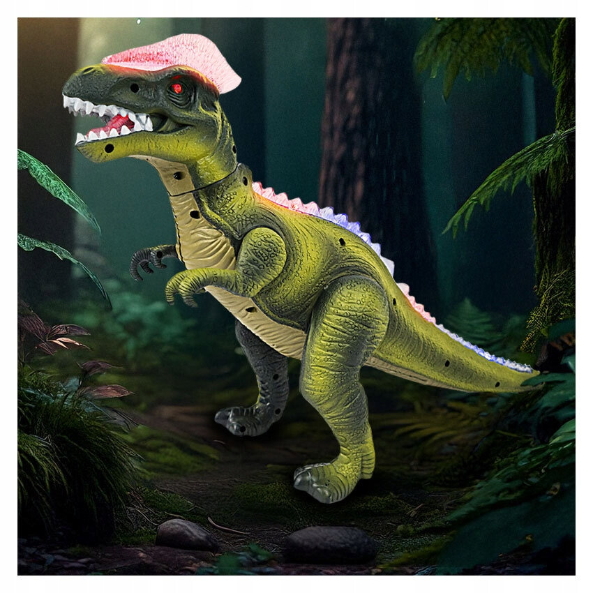 Interaktywny dinozaur zdalnie sterowany z efektem LED, przedstawiony w lesie. Dinozaur ma zieloną skórę z różowymi i białymi akcentami na grzbiecie oraz czerwone oczy.