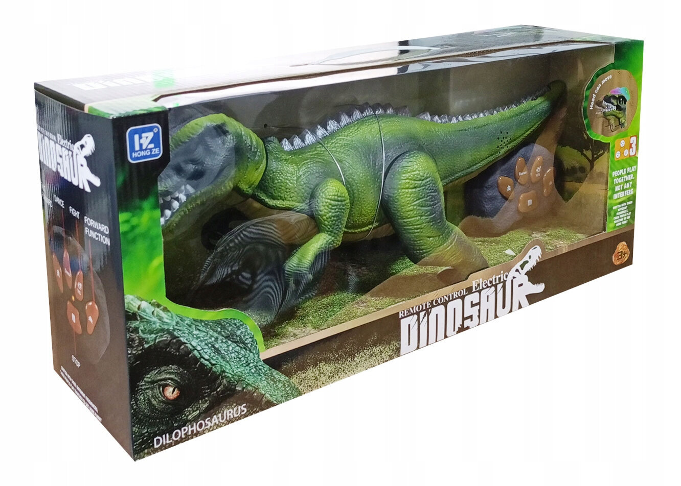 Opakowanie z interaktywnym dinozaurem zdalnie sterowanym, przedstawiające zielonego dinozaura z białymi detalami na grzbiecie. Na pudełku widnieje napis \'Remote Control Electric Dinosaur\' oraz \'DILOPHOSAURUS\'.