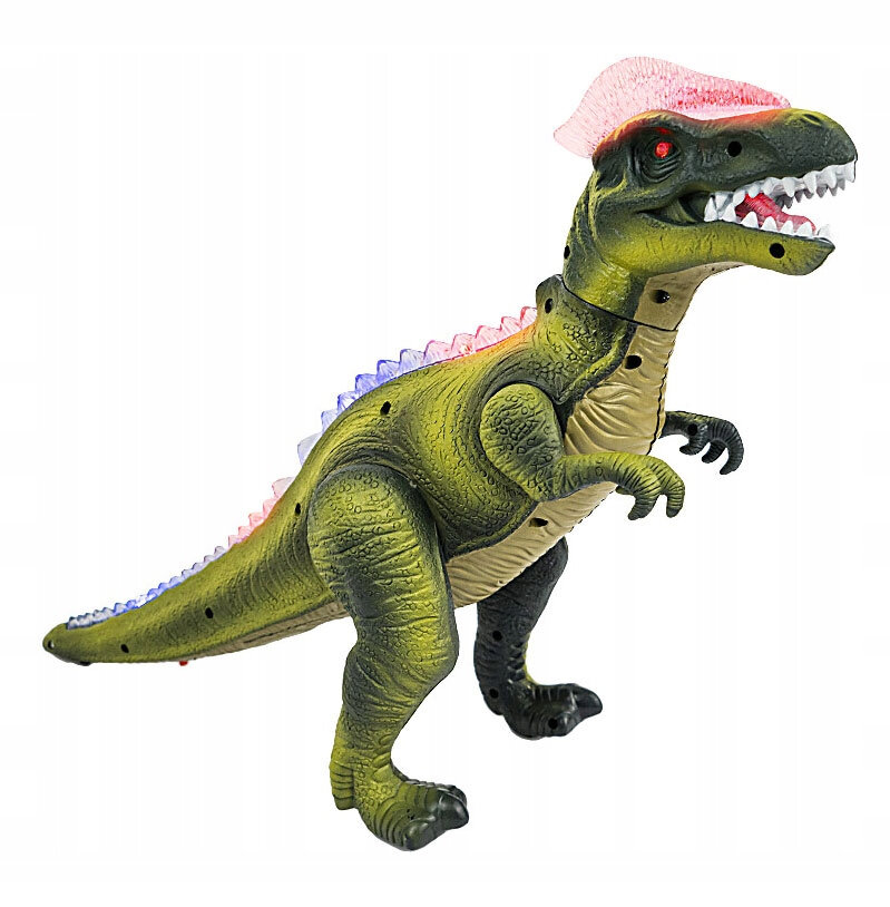 Interaktywny dinozaur zdalnie sterowany z widocznymi elementami LED na grzbiecie i czerwonymi oczami. Dinozaur ma zielono-brązowe ubarwienie i otwartą paszczę z widocznymi zębami.