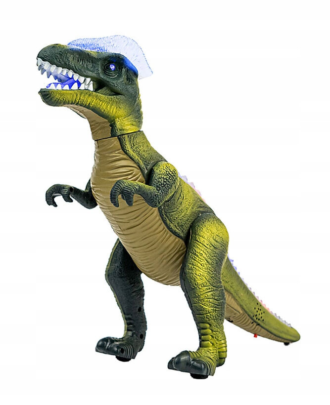 Interaktywny dinozaur zdalnie sterowany, w kolorach zielonym i brązowym, z widocznymi zębami i niebieskimi elementami LED na głowie. Dinozaur stoi na dwóch nogach z uniesionymi przednimi łapami.