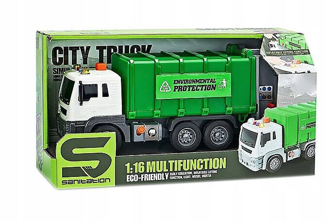 Opakowanie zabawki przedstawia zieloną ciężarówkę śmieciarkę z napisem \'ENVIRONMENTAL PROTECTION\'. Na pudełku widnieje tekst: \'CITY TRUCK\', \'1:16 MULTIFUNCTION\', \'ECO-FRIENDLY\', oraz logo \'sanitation\'.