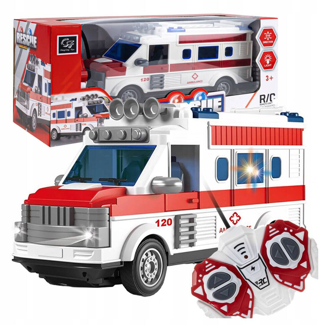 Zabawka w kształcie karetki pogotowia z czerwonymi i białymi elementami, z widocznym numerem 120 i napisem \'AMBULANCE\'. Obok znajduje się pilot zdalnego sterowania z czerwonymi i szarymi przyciskami.