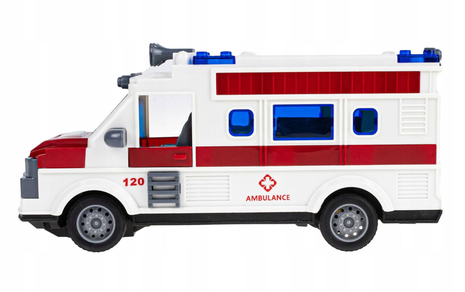 Zabawka w kształcie karetki pogotowia w kolorze białym z czerwonymi detalami, oznaczona numerem 120 i napisem \'AMBULANCE\'. Posiada niebieskie okna i szare koła.