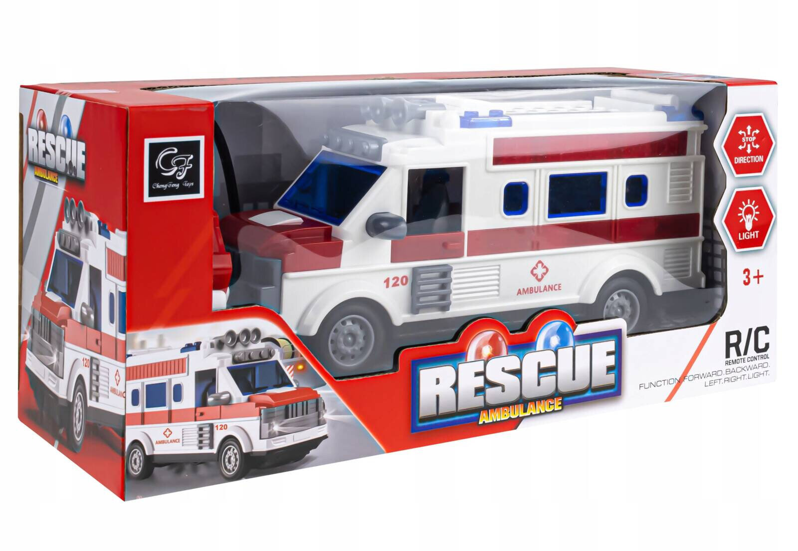 Opakowanie zabawki przedstawia biało-czerwoną karetkę z napisem \'AMBULANCE\' i numerem \'120\'. Na pudełku widnieją napisy \'RESCUE\', \'R/C\', oraz ikony wskazujące funkcje kierunku i światła.