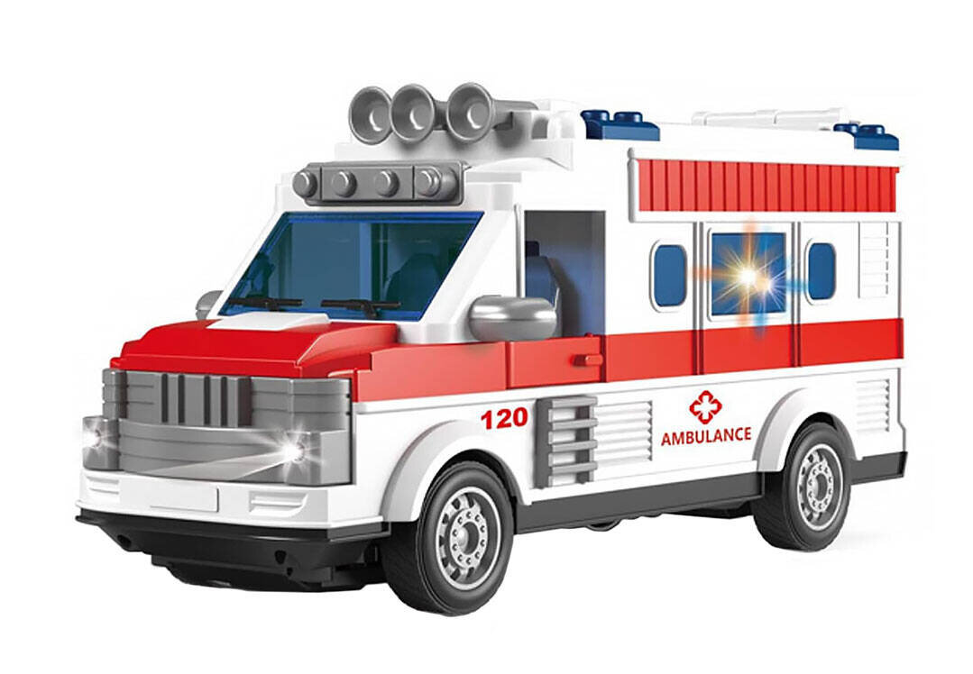 Zabawka w kształcie karetki pogotowia z czerwonymi i białymi elementami, oznaczona numerem 120 i napisem \'AMBULANCE\'. Model posiada otwierane drzwi i reflektory na dachu.
