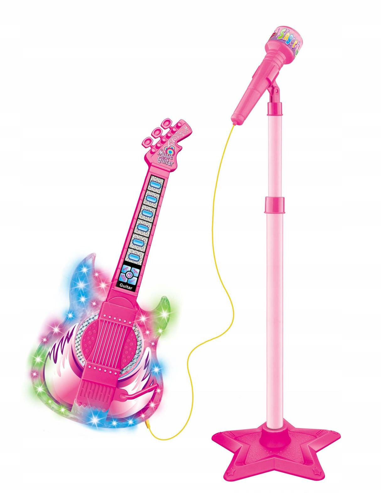 Różowa gitara elektryczna z kolorowymi światłami i napisem \'Guitar\', obok różowy mikrofon na stojaku w kształcie gwiazdy.