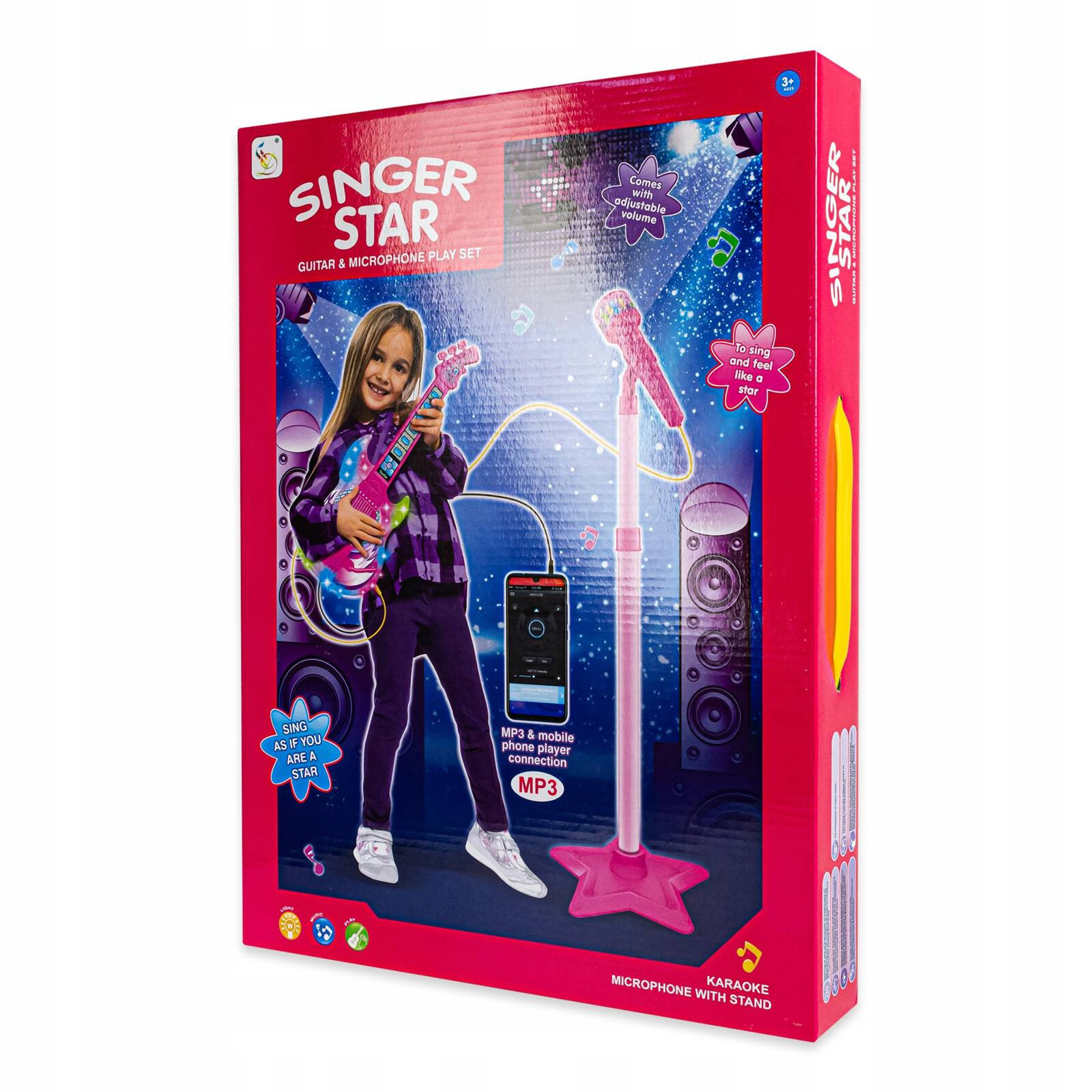 Opakowanie zestawu \'Singer Star Guitar & Microphone Play Set\' z wizerunkiem dziecka trzymającego gitarę i stojącego przy mikrofonie. Na opakowaniu widoczne są napisy: \'MP3 & mobile phone player connection\' oraz \'Karaoke microphone with stand\'.