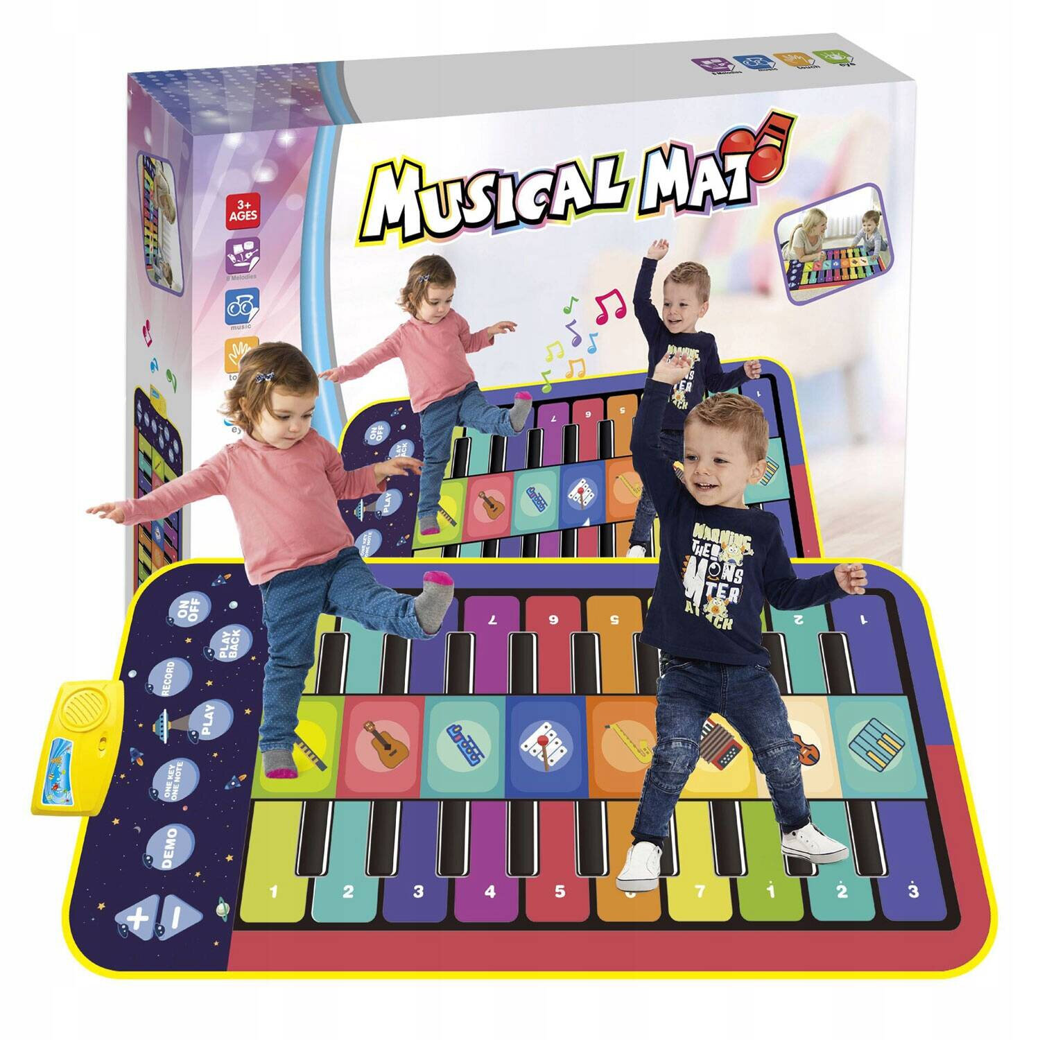 Kolorowa mata muzyczna z klawiszami i przyciskami, na której bawią się dzieci. Na opakowaniu widnieje napis \'Musical Mat\'.