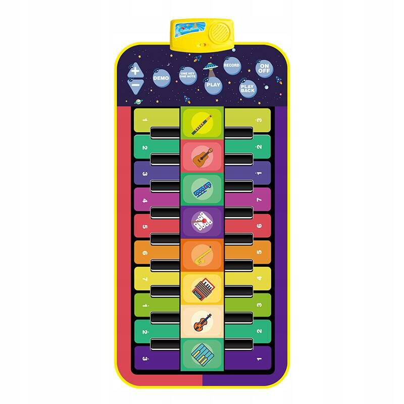 Kolorowa mata muzyczna z klawiszami i ikonami instrumentów, posiada przyciski funkcyjne takie jak DEMO, PLAY, RECORD, PLAY BACK oraz ON/OFF. Na górze znajduje się głośnik i kolorowe ilustracje kosmiczne.