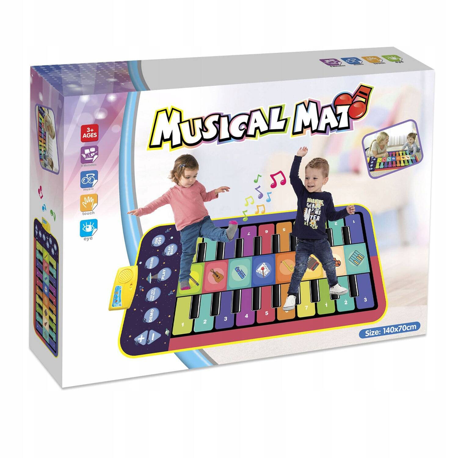 Opakowanie produktu \'Musical Mat\' przedstawia dzieci bawiące się na kolorowej macie z klawiszami pianina. Na opakowaniu widoczne są ikony sugerujące funkcje dotykowe i dźwiękowe oraz napis \'Size: 140x70cm\'.