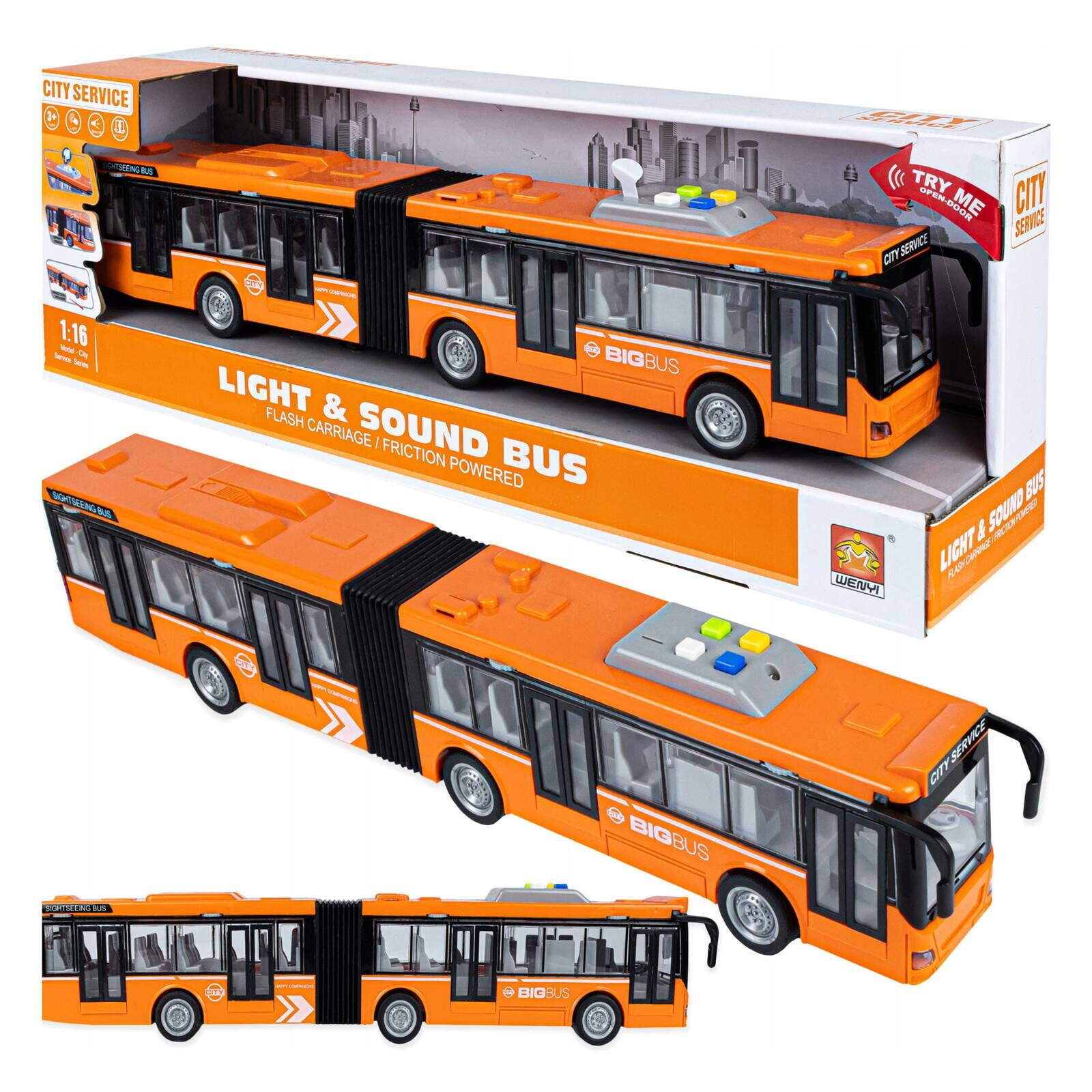 Zabawka w postaci dużego, pomarańczowego autobusu z otwieranymi drzwiami, dźwiękami i światłami, zapakowana w pudełko z napisem \'LIGHT & SOUND BUS\'. Na autobusie widoczne są napisy \'BIG BUS\' i \'CITY SERVICE\'.