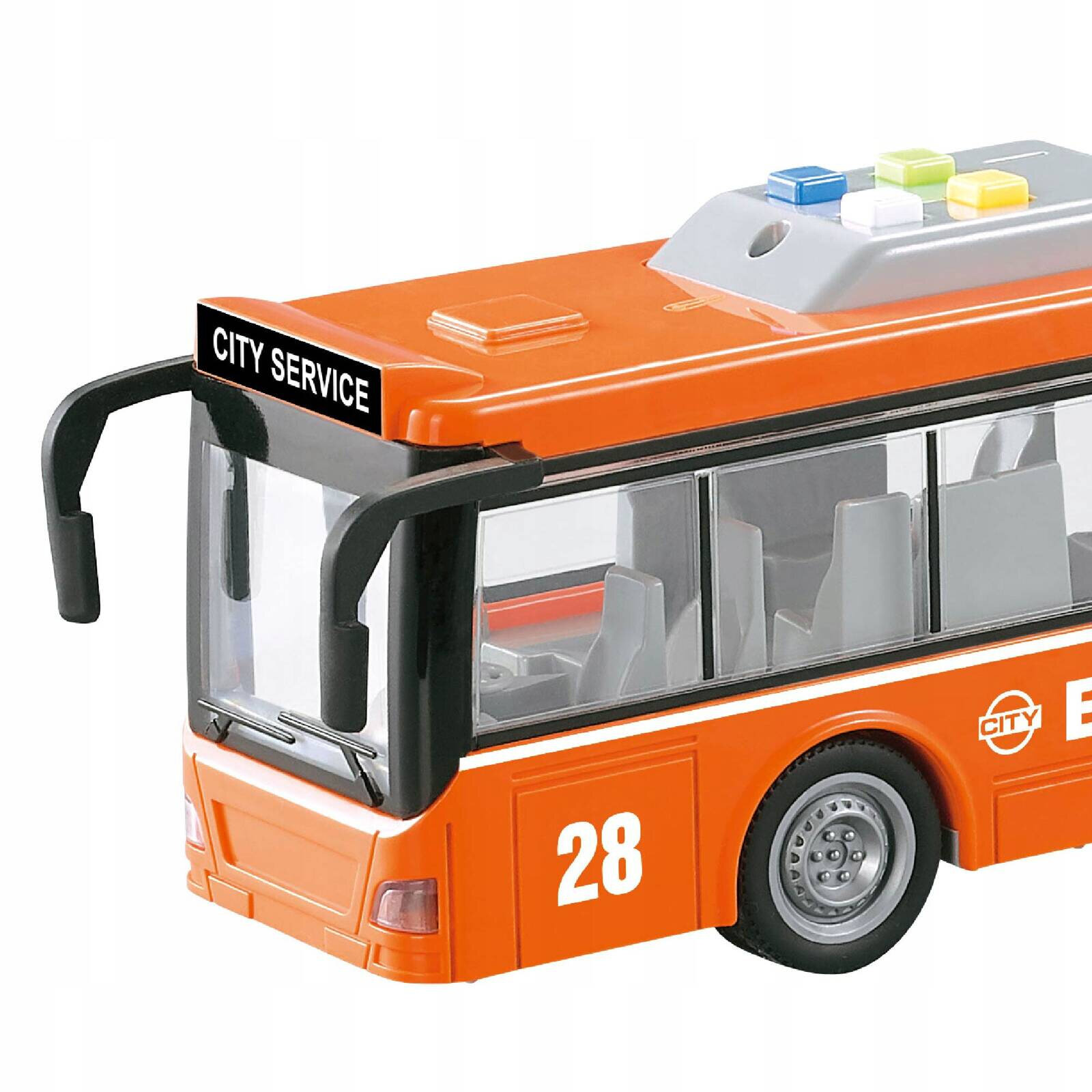 Pomarańczowy model autobusu z numerem 28 i napisem \'CITY SERVICE\' na przodzie. Na dachu znajdują się kolorowe przyciski, a na boku widoczne jest logo z napisem \'CITY\'.