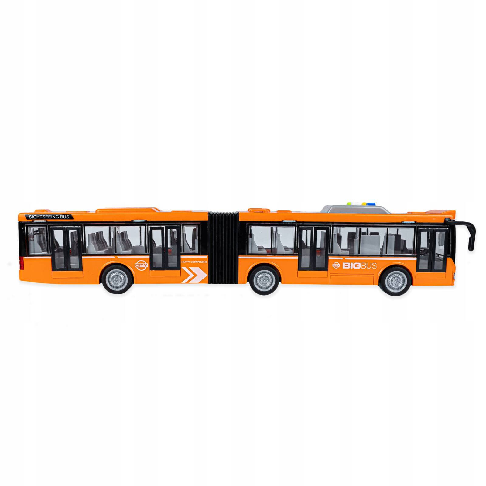 Model dużego, pomarańczowego autobusu przegubowego z otwieranymi drzwiami i przezroczystymi oknami. Na autobusie widoczne są napisy \'SIGHTSEEING BUS\' i \'BIG BUS\'.