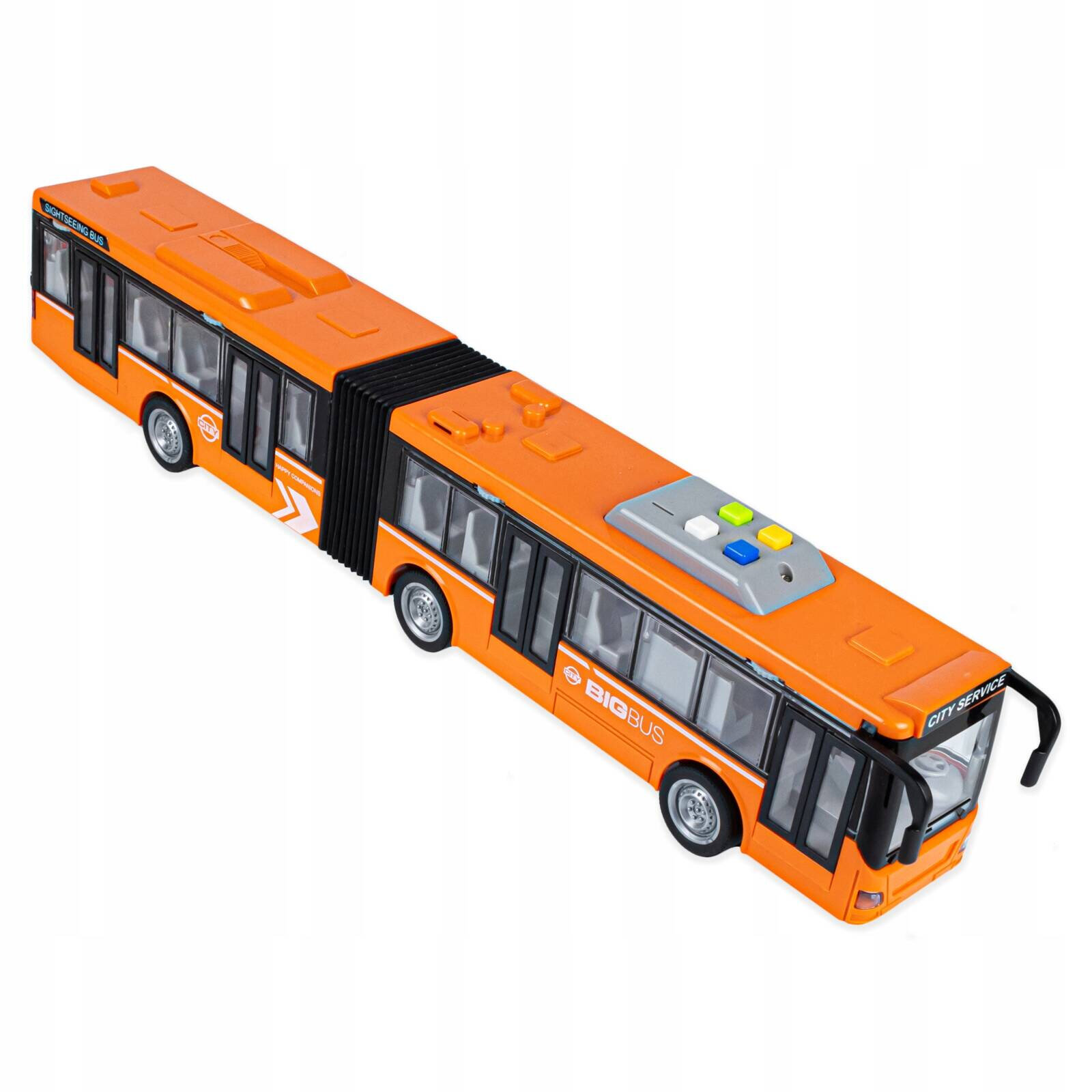 Pomarańczowy model autobusu przegubowego z napisem \'BIG BUS\' i \'CITY SERVICE\' na boku. Na dachu znajdują się kolorowe przyciski, a drzwi są otwierane.