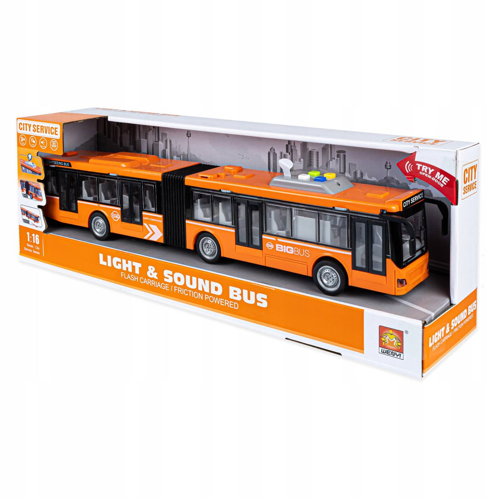 Opakowanie zabawki przedstawia pomarańczowy autobus z napisem \'BIG BUS\' i funkcjami świetlnymi oraz dźwiękowymi. Na opakowaniu widnieje napis \'LIGHT & SOUND BUS\' oraz logo producenta.