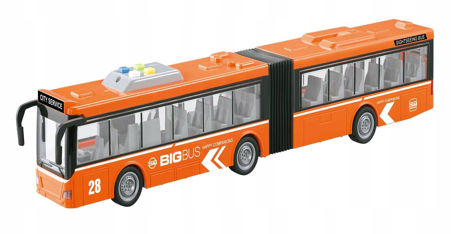 Pomarańczowy model autobusu z harmonijkowym przegubem, oznaczony numerem 28, z napisami \'CITY SERVICE\' i \'BIG BUS HAPPY COMPANIONS\'. Autobus posiada przezroczyste okna i cztery koła, a na dachu widoczne są kolorowe przyciski.