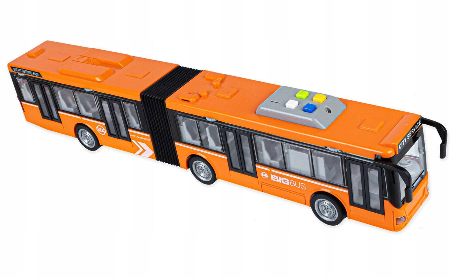 Pomarańczowy, przegubowy autobus zabawkowy z napisem \'BIG BUS\' na boku i \'CITY SERVICE\' z przodu. Na dachu znajdują się kolorowe przyciski i detale imitujące światła.
