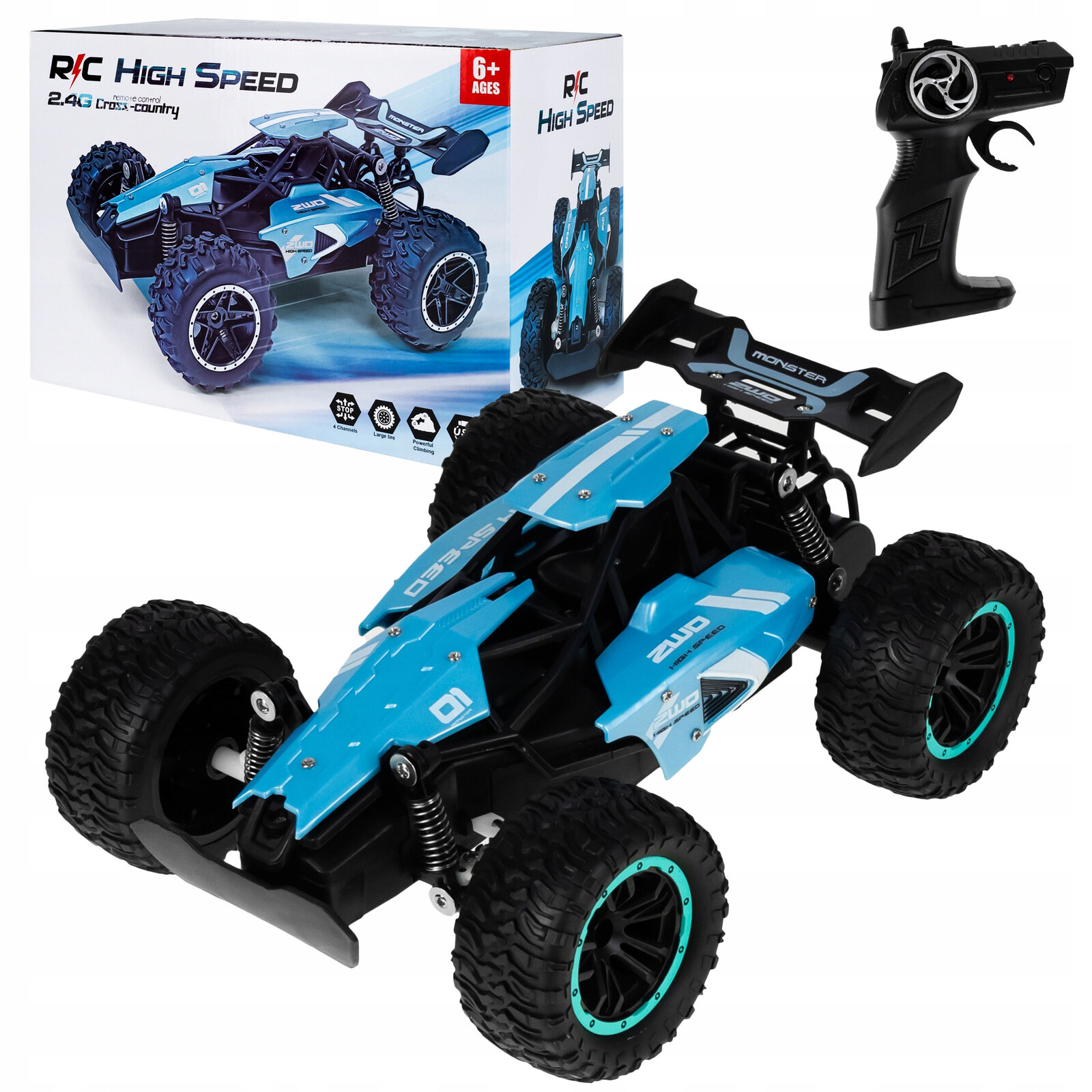 Na obrazie widoczny jest niebieski samochód wyścigowy z dużymi oponami oraz pilot zdalnego sterowania. W tle znajduje się pudełko z napisem \'R/C High Speed 2.4G Cross-country\'.