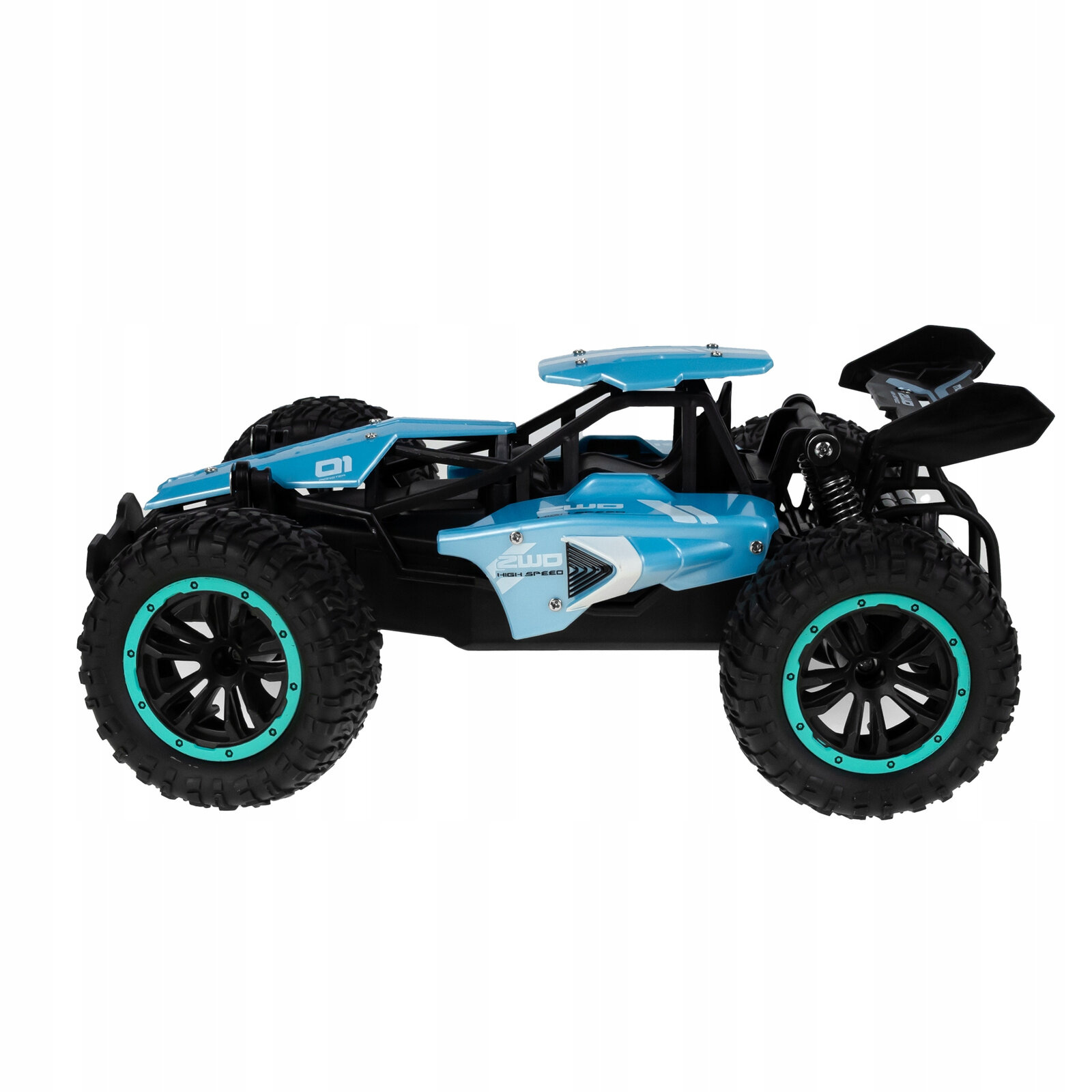 Na obrazie widoczny jest niebieski samochód wyścigowy z dużymi, terenowymi oponami i czarnymi felgami. Na karoserii znajdują się napisy \'01\' i \'2WD HIGH SPEED\'.