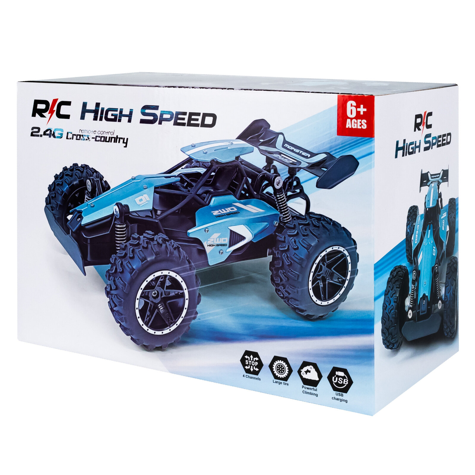 Opakowanie z samochodem wyścigowym RC High Speed w kolorze niebieskim, z dużymi oponami i napisem \'2.4G cross-country\'. Na opakowaniu widnieje informacja \'6+ ages\' oraz ikony z opisami: \'4 channels\', \'Large tire\', \'Powerful climbing\', \'USB charging\'.
