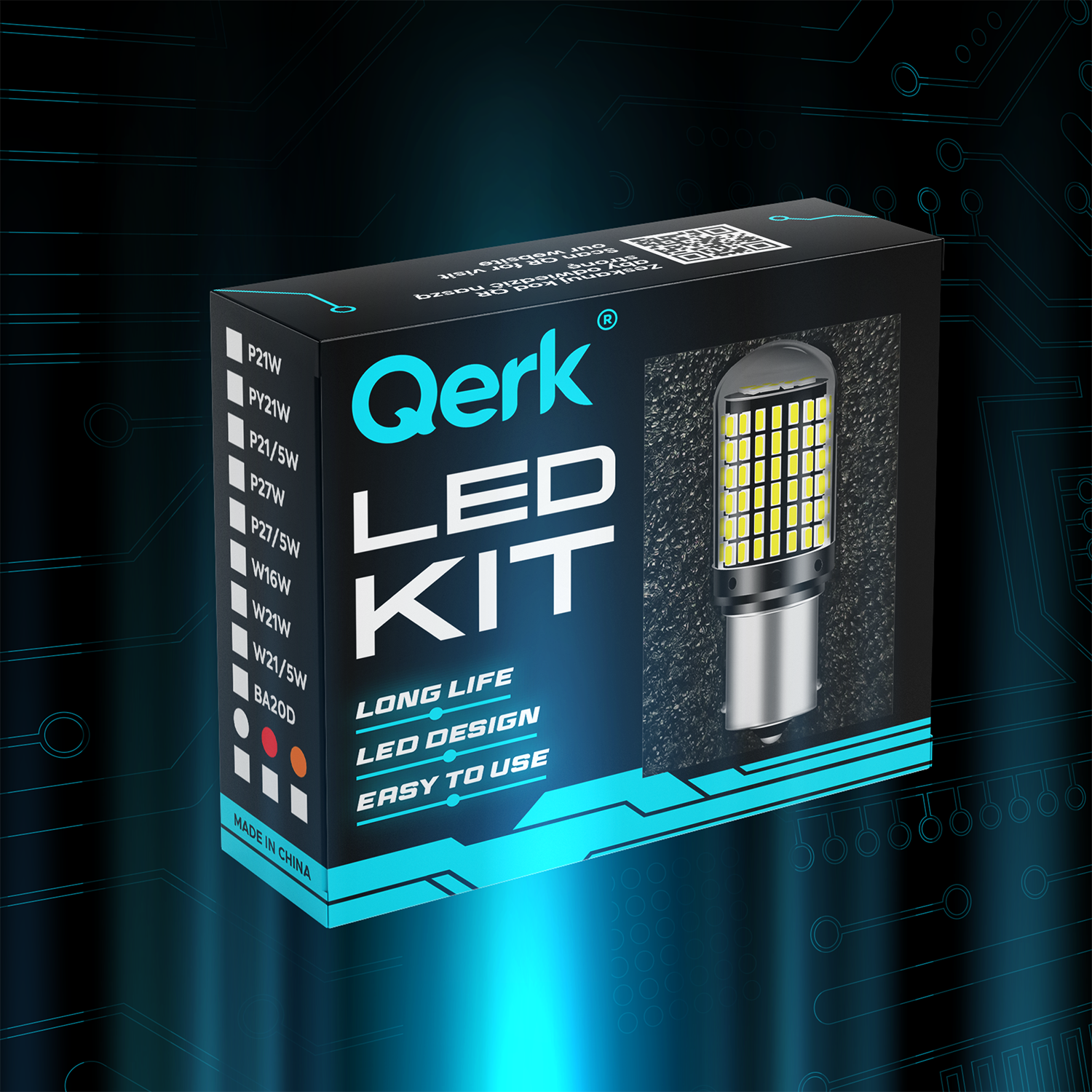 Opakowanie produktu Qerk LED KIT z widoczną żarówką LED i napisami: \'LONG LIFE\', \'LED DESIGN\', \'EASY TO USE\'. Na opakowaniu znajdują się również oznaczenia różnych typów żarówek oraz napis \'MADE IN CHINA\'.