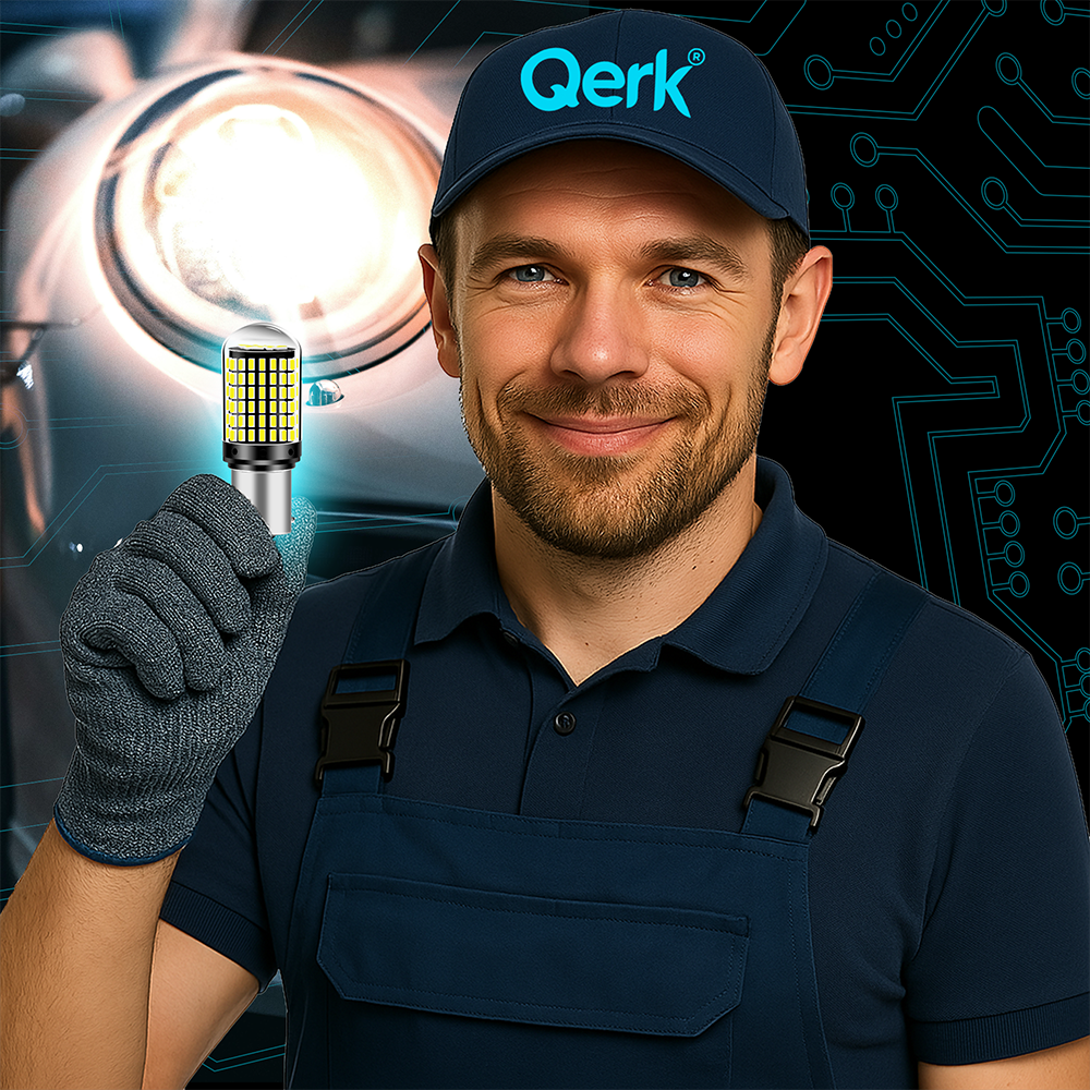 Osoba w granatowym stroju roboczym i czapce z napisem \'Qerk\' trzyma żarówkę LED z wieloma diodami. W tle widoczny jest reflektor samochodowy oraz schematy elektroniczne.
