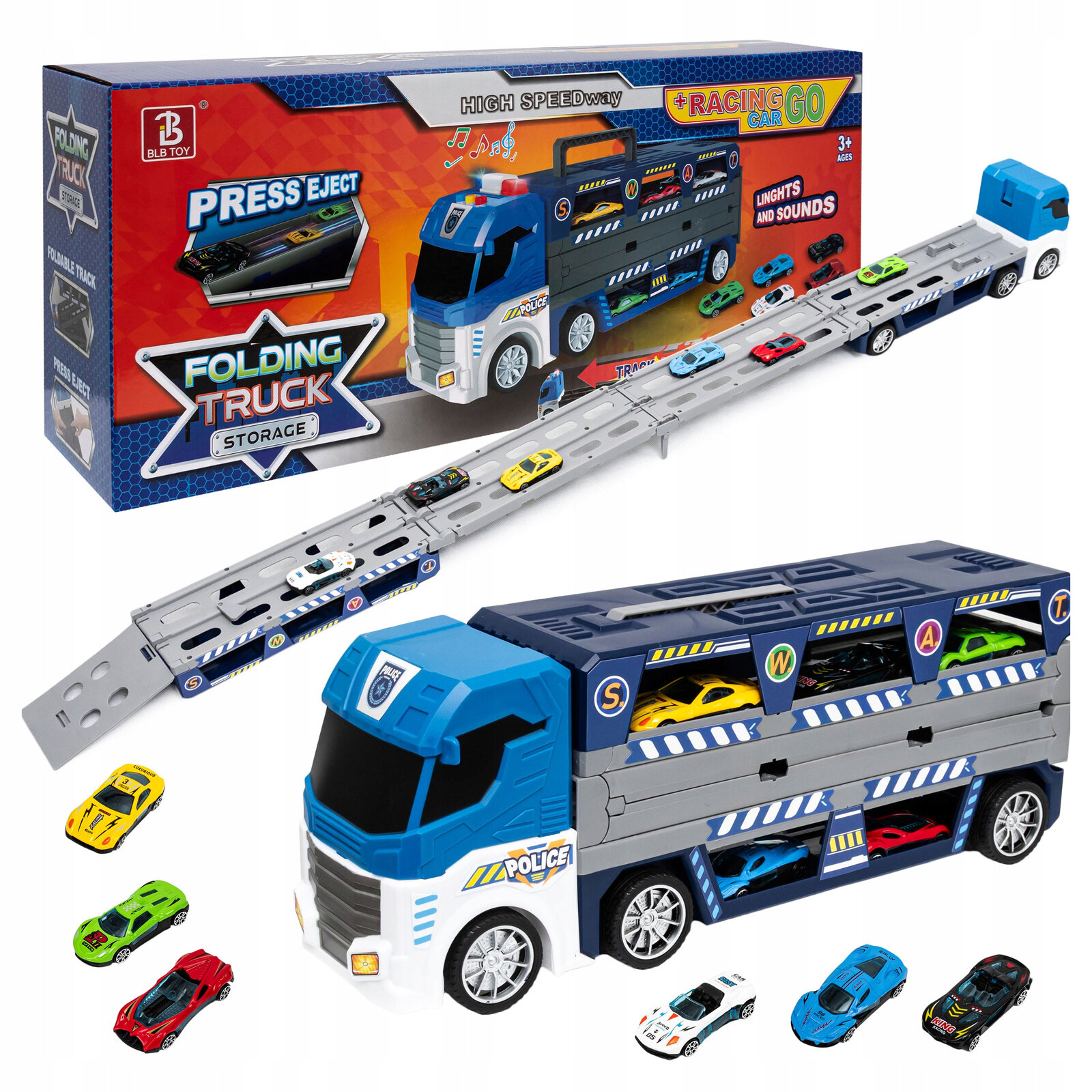 Zestaw zawiera dużą niebiesko-szarą ciężarówkę transporter z napisem \'POLICE\' oraz kilka kolorowych resoraków. Opakowanie produktu ma napisy \'PRESS EJECT\', \'FOLDING TRUCK STORAGE\', \'HIGH SPEEDway\', \'RACING GO\', \'LIGHTS AND SOUNDS\'.