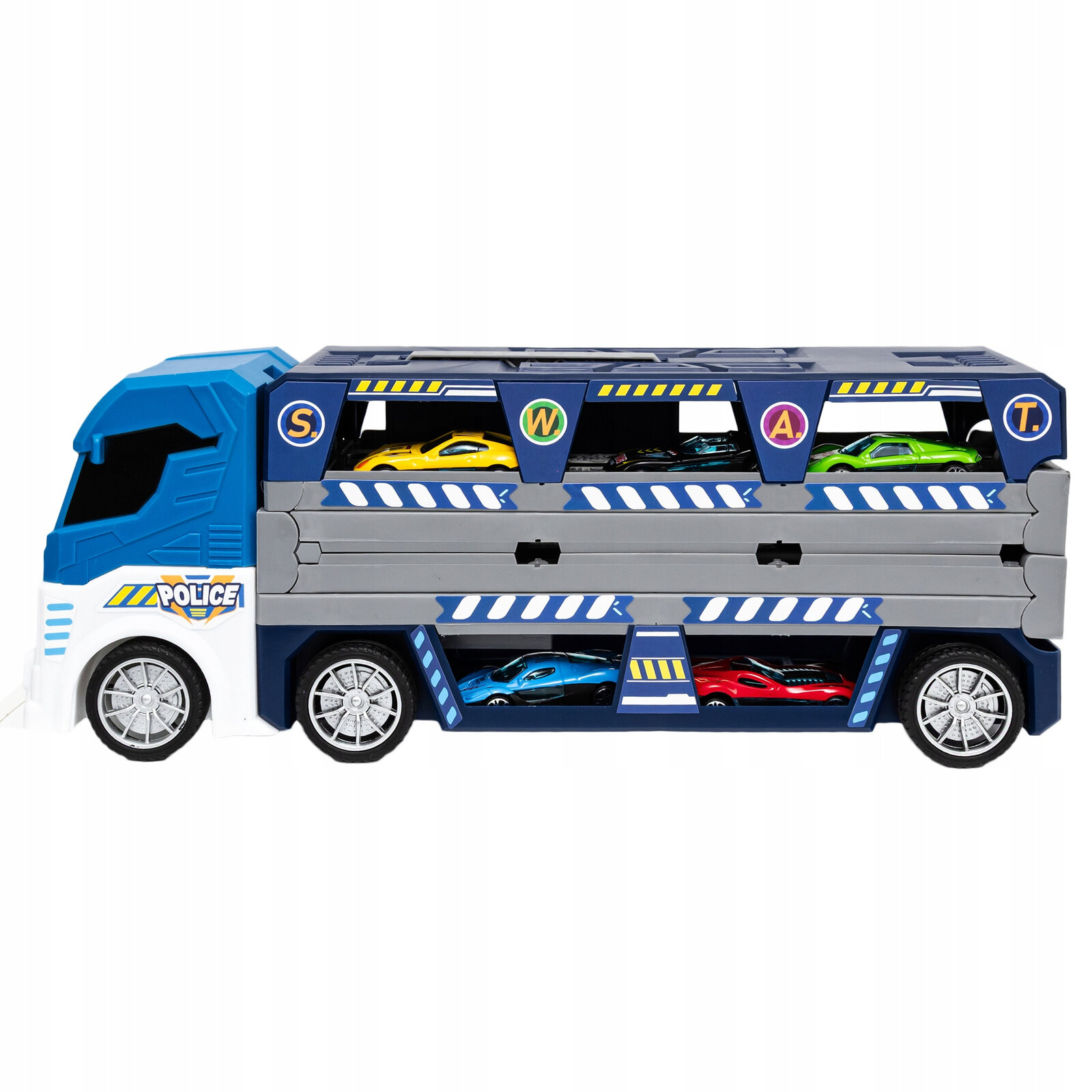 Duża zabawkowa ciężarówka transporter z napisem \'POLICE\' i kolorowymi resorakami w środku. Na górze widoczne są litery \'S\', \'W\', \'A\', \'T\'.