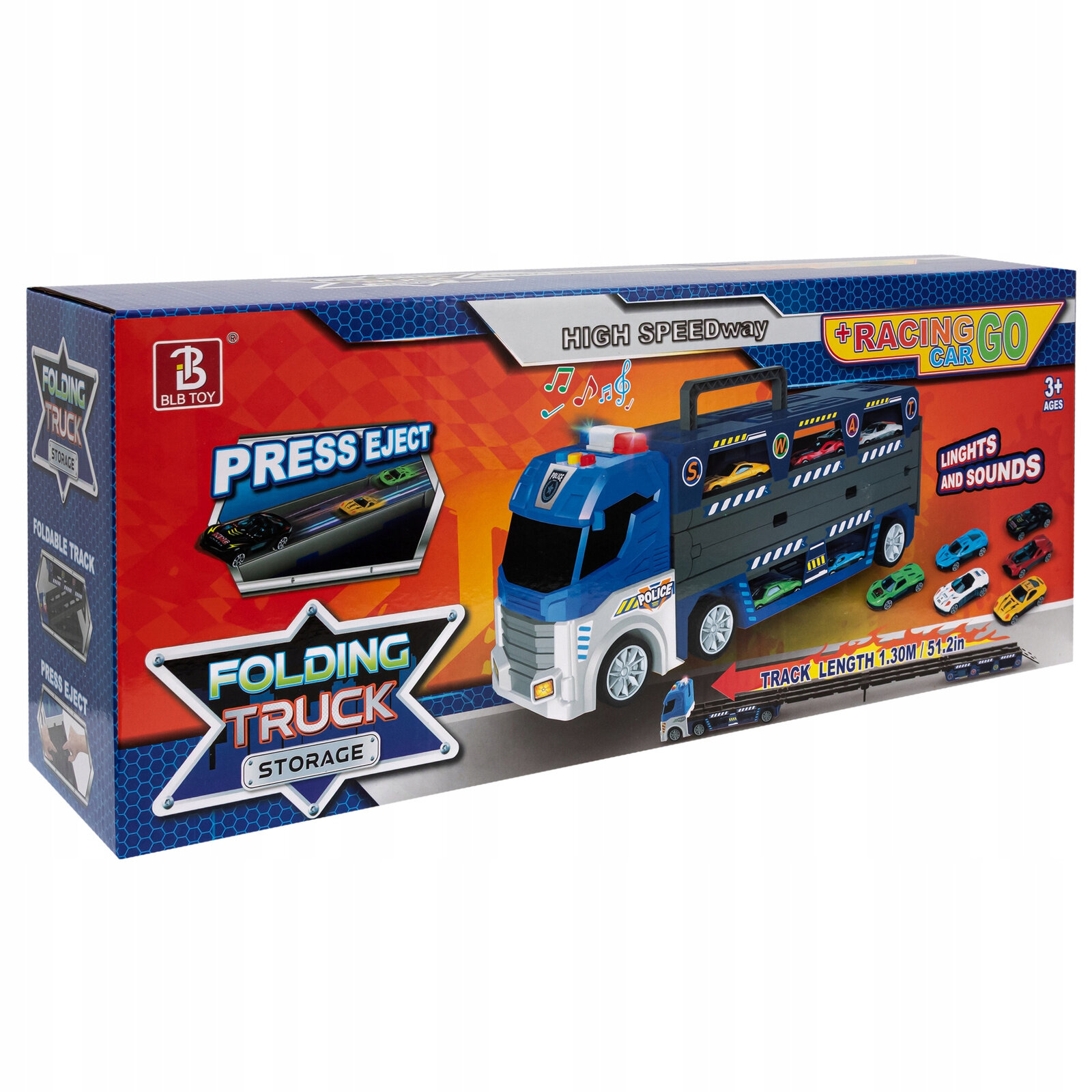 Opakowanie zabawki przedstawia dużą ciężarówkę transporter z napisem \'FOLDING TRUCK STORAGE\' oraz kolorowe resoraki. Widoczne są napisy \'PRESS EJECT\', \'HIGH SPEEDway\', \'RACING CAR GO\', \'LIGHTS AND SOUNDS\', \'TRACK LENGTH 1.30M / 51.2in\'.