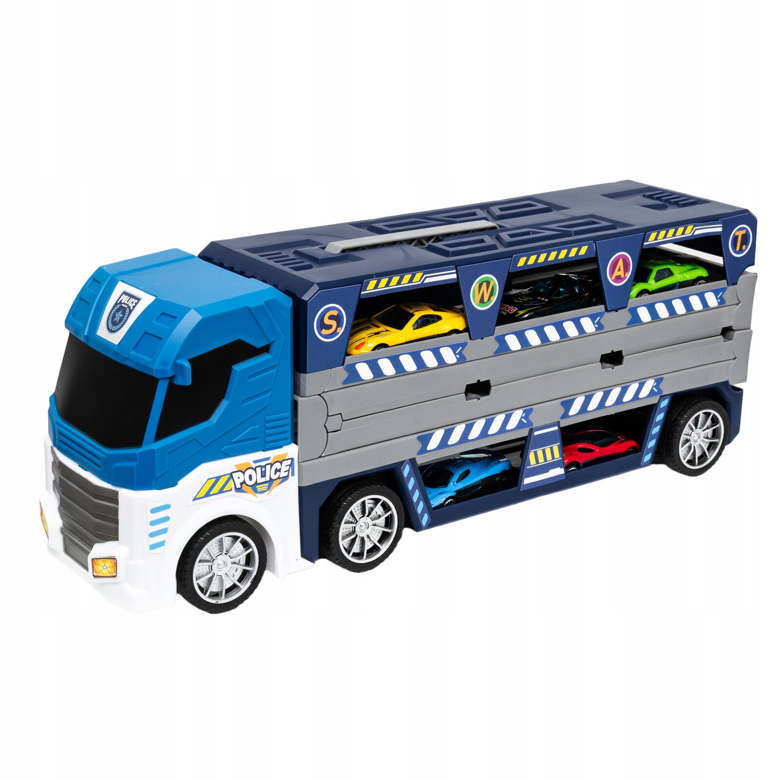 Zabawka w kształcie ciężarówki transportera z napisem \'POLICE\' i miejscami na małe samochodziki. Na górze widoczne są kolorowe resoraki oraz litery \'S\', \'W\', \'A\', \'T\'.