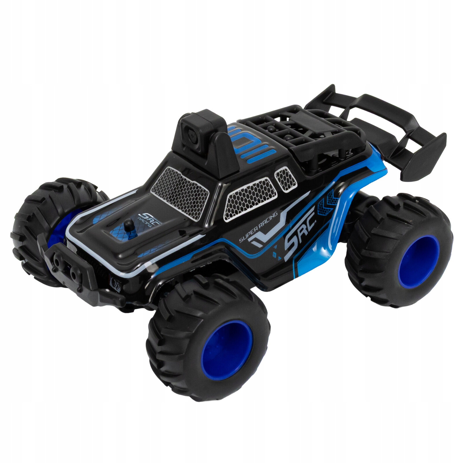 Zdalnie sterowane auto w kolorze czarno-niebieskim z dużymi oponami i kamerą na dachu. Na boku widoczny napis \'SRC\' oraz \'SUPER RACING\'.