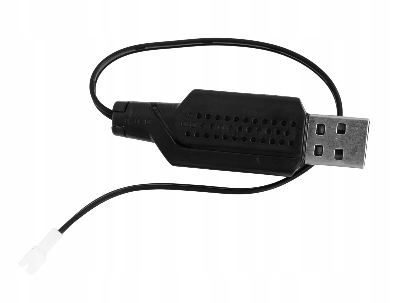 Czarny kabel USB z wtyczką i małym białym złączem na końcu. Kabel jest zwinięty w pętlę.