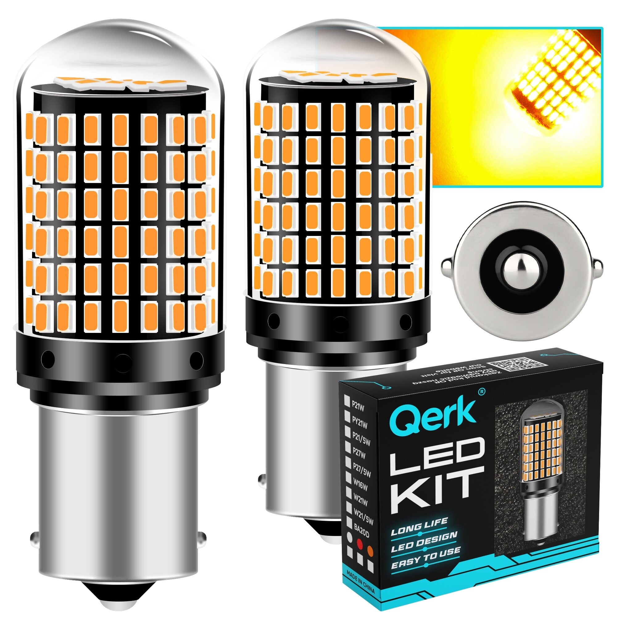 Obraz przedstawia dwie żarówki LED z pomarańczowymi diodami oraz opakowanie z napisem \'Qerk LED KIT\'. Widoczny jest również zbliżony widok żarówki emitującej jasne światło.
