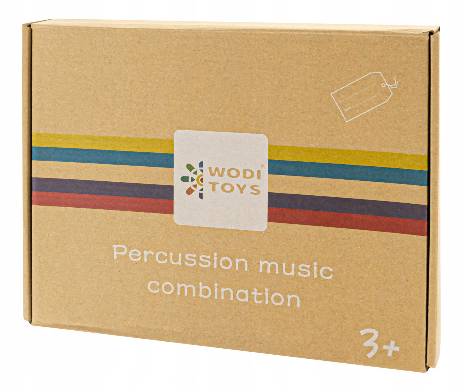 Kartonowe pudełko z logo \'WODI TOYS\' i kolorowymi paskami. Widoczny tekst: \'Percussion music combination\' oraz \'3+\'.