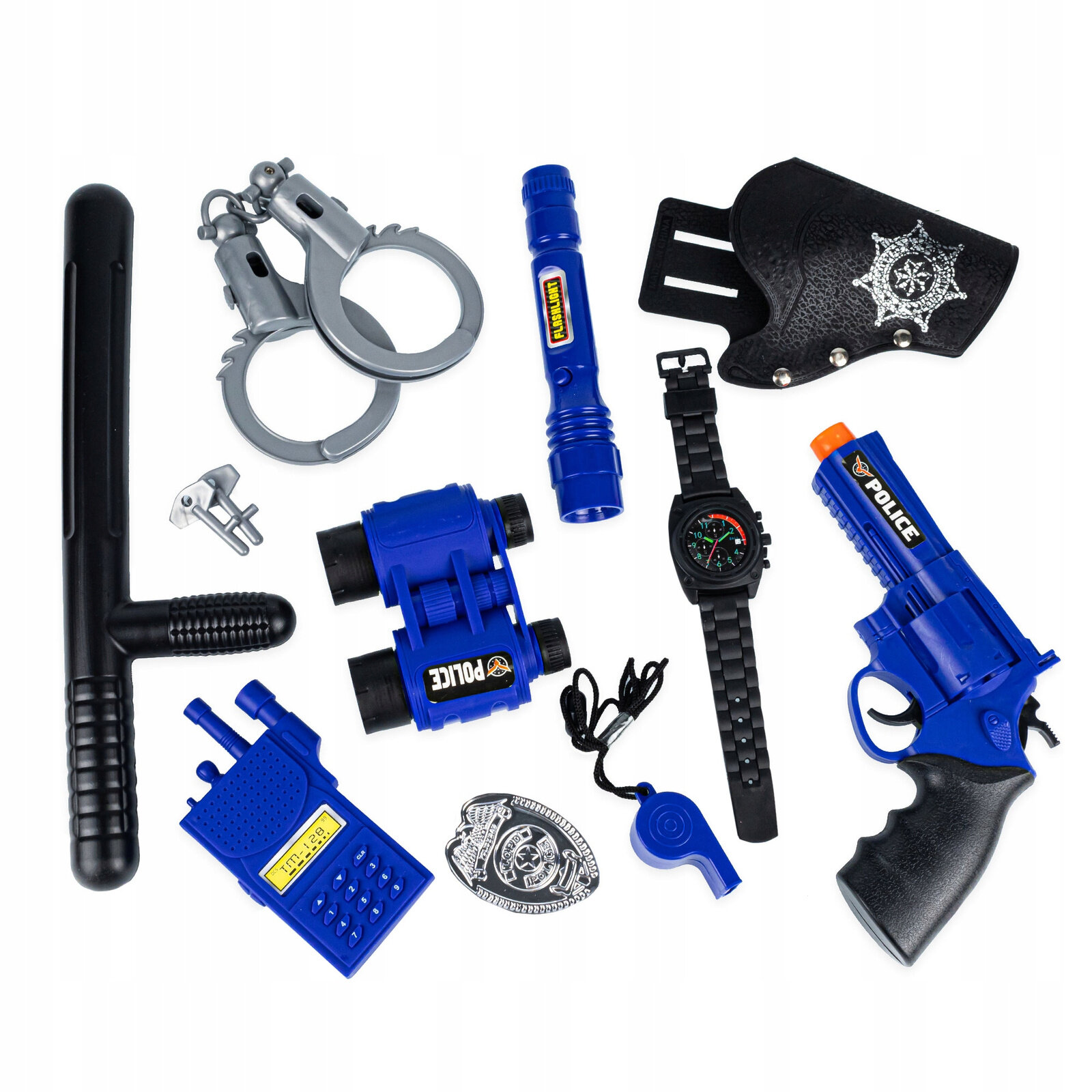 Zestaw zabawek policyjnych zawiera niebieski pistolet z napisem \'POLICE\', kajdanki, pałkę, latarkę, lornetkę, odznakę, krótkofalówkę, zegarek, gwizdek i kaburę. Elementy są w kolorach niebieskim, czarnym i srebrnym.