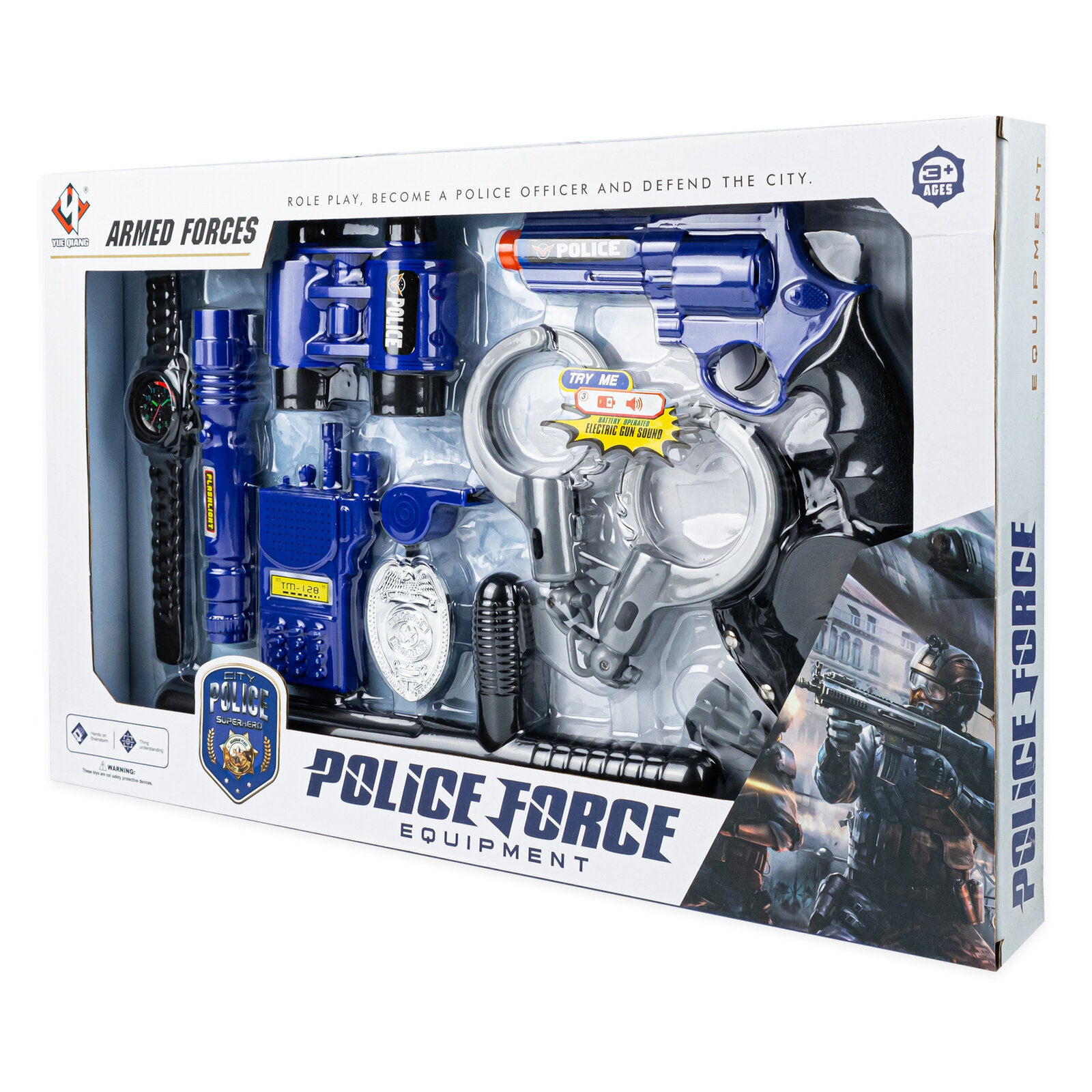 Zestaw zabawek policyjnych w opakowaniu, zawierający plastikowe kajdanki, pistolet, lornetkę, odznakę i inne akcesoria. Na opakowaniu widnieje napis \'POLICE FORCE EQUIPMENT\'.