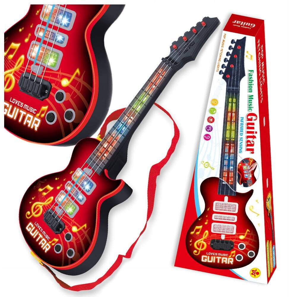 Czerwona gitara dziecięca z kolorowymi przyciskami i wzorami nut, z napisem \'LOVES MUSIC GUITAR\'. Obok znajduje się pudełko z grafiką gitary i napisami \'Fashion Music Guitar\' oraz \'INFRARED SENSING\'.
