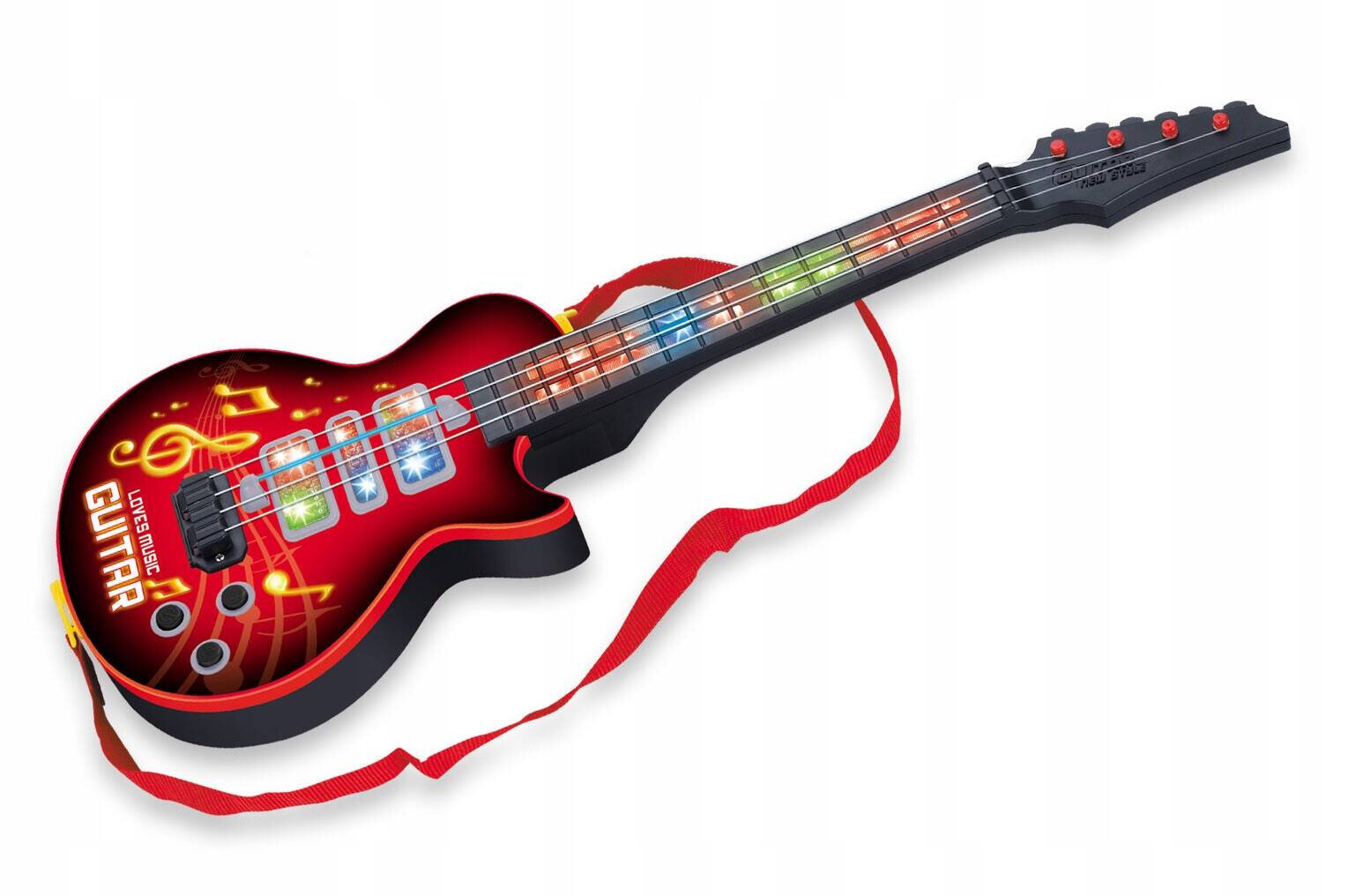 Czerwona gitara elektryczna z kolorowymi przyciskami na gryfie i czerwonym paskiem. Na korpusie widoczny jest napis \'GUITAR\' oraz motywy muzyczne.