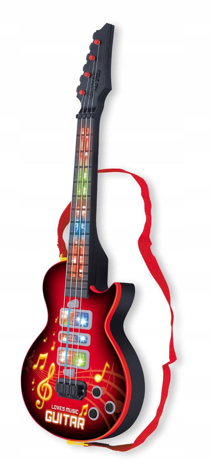 Czerwona gitara dziecięca z kolorowymi przyciskami na gryfie i ozdobiona nutami oraz napisem \'LOVES MUSIC GUITAR\'. Gitara posiada czerwony pasek do zawieszenia.