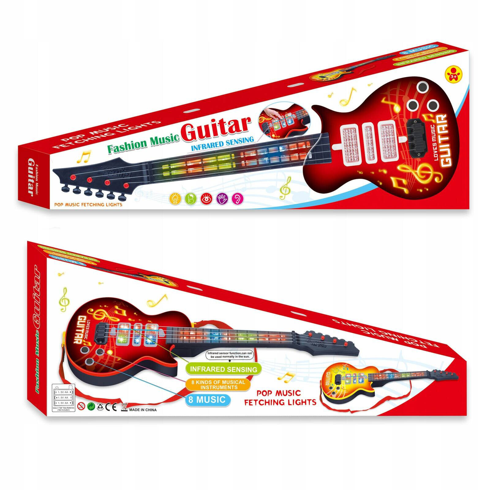 Opakowanie zabawkowej gitary z grafiką przedstawiającą gitarę elektryczną z kolorowymi światłami i nutami. Widoczny tekst: \'Fashion Music Guitar\', \'Infrared Sensing\', \'8 Kinds of Musical Instruments\', \'8 Music\', \'Pop Music Fetching Lights\'.