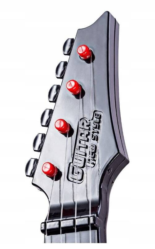 Czarna główka gitary z czerwonymi kluczami do strojenia i napisem \'Guitar New Style\'.