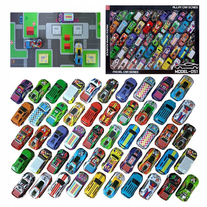 Obraz przedstawia zestaw 50 kolorowych metalowych samochodzików resoraków oraz mapę z drogami. Na pudełku widnieje napis \'ALLOY CAR SERIES\' i \'MODEL-D51\'.