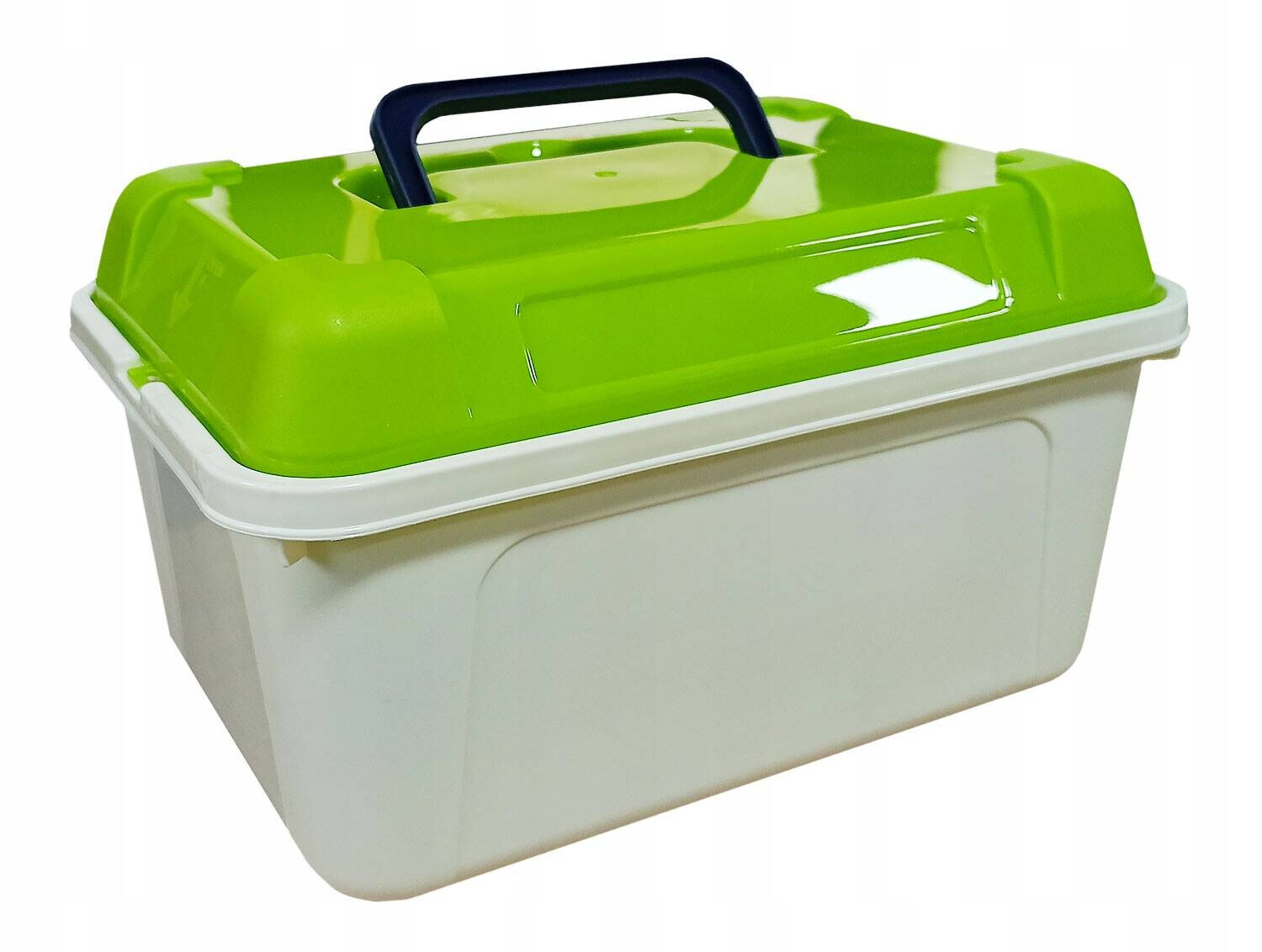 Plastikowy pojemnik z zieloną pokrywą i ciemnym uchwytem na górze.