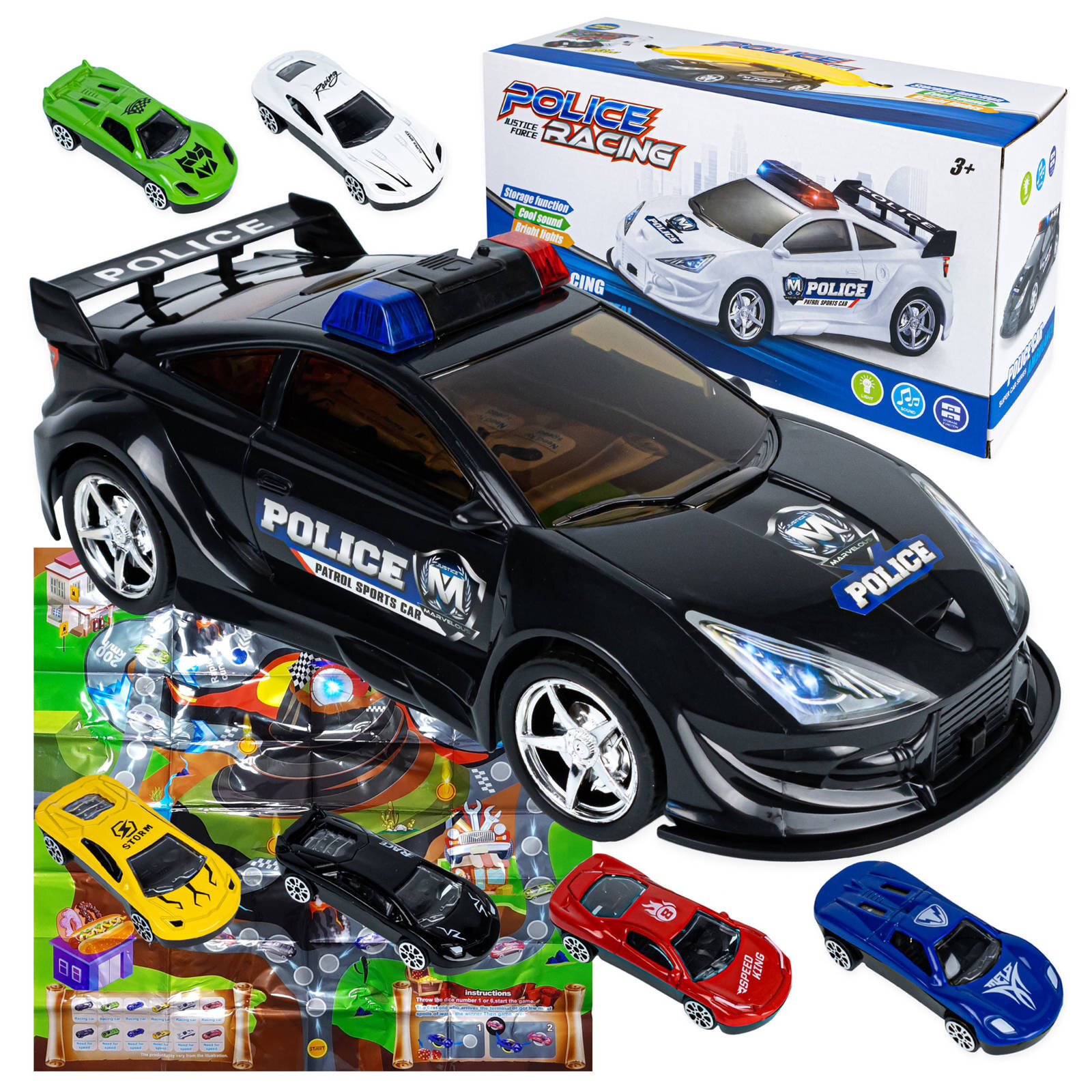 Na obrazie widoczny jest zestaw zabawek składający się z dużego czarnego samochodu policyjnego z napisem \'POLICE\' oraz kilku mniejszych kolorowych autek. W tle znajduje się pudełko z napisem \'POLICE RACING\' oraz plansza z motywem drogowym.