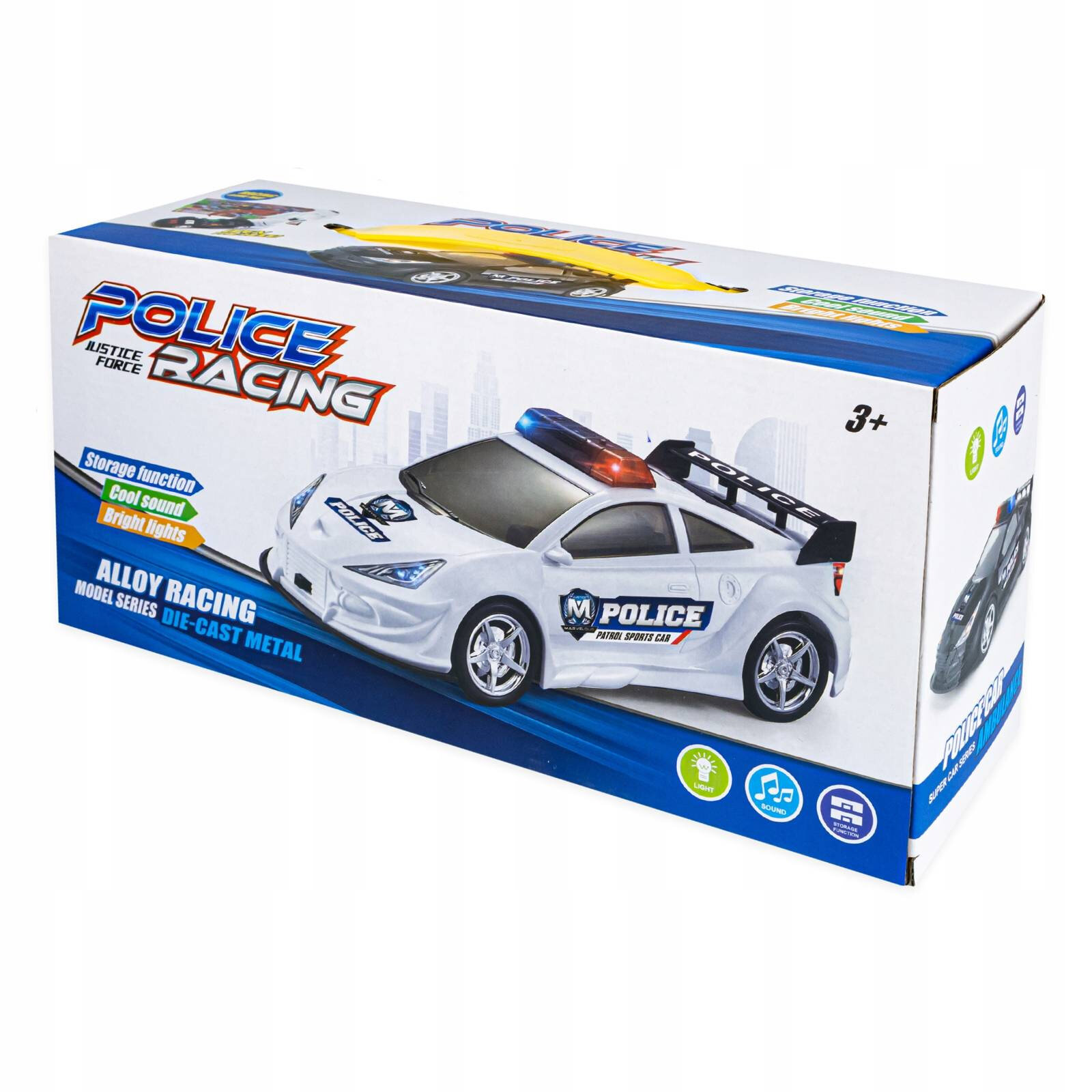Opakowanie zabawki przedstawia biały samochód policyjny z napisem \'POLICE RACING\' i oznaczeniami świetlnymi na dachu. Na pudełku widnieją napisy: \'Storage function\', \'Cool sound\', \'Bright lights\', \'ALLOY RACING MODEL SERIES DIE-CAST METAL\'.