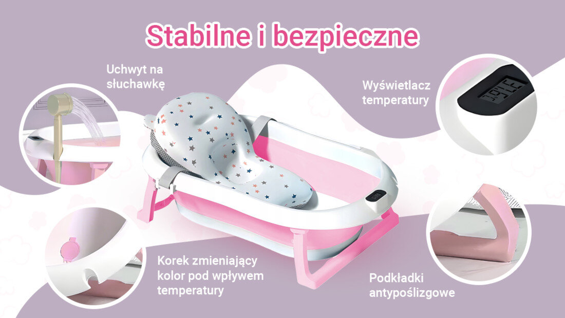 Wanienka dla dzieci z kolorowym wzorem, wyposażona w wyświetlacz temperatury, uchwyt na słuchawkę, korek zmieniający kolor pod wpływem temperatury oraz podkładki antypoślizgowe. Tekst na obrazie: \'Stabilne i bezpieczne\'.