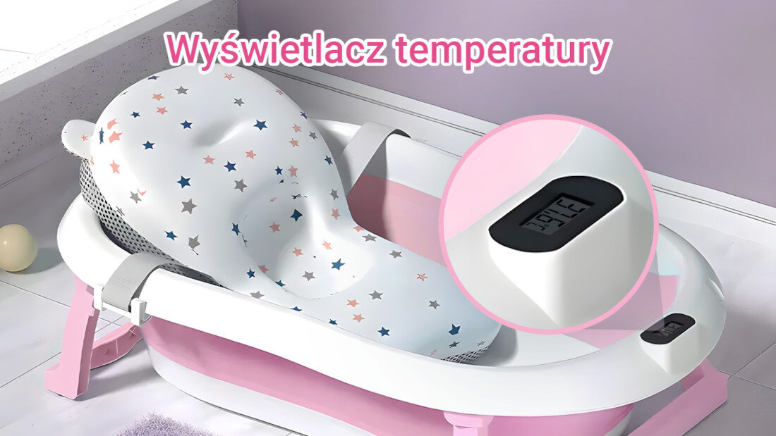 Wanienka dla dzieci z kolorowym wzorem gwiazdek i wyświetlaczem temperatury pokazującym 39,1°C. Na obrazie widoczny jest napis \'Wyświetlacz temperatury\'.