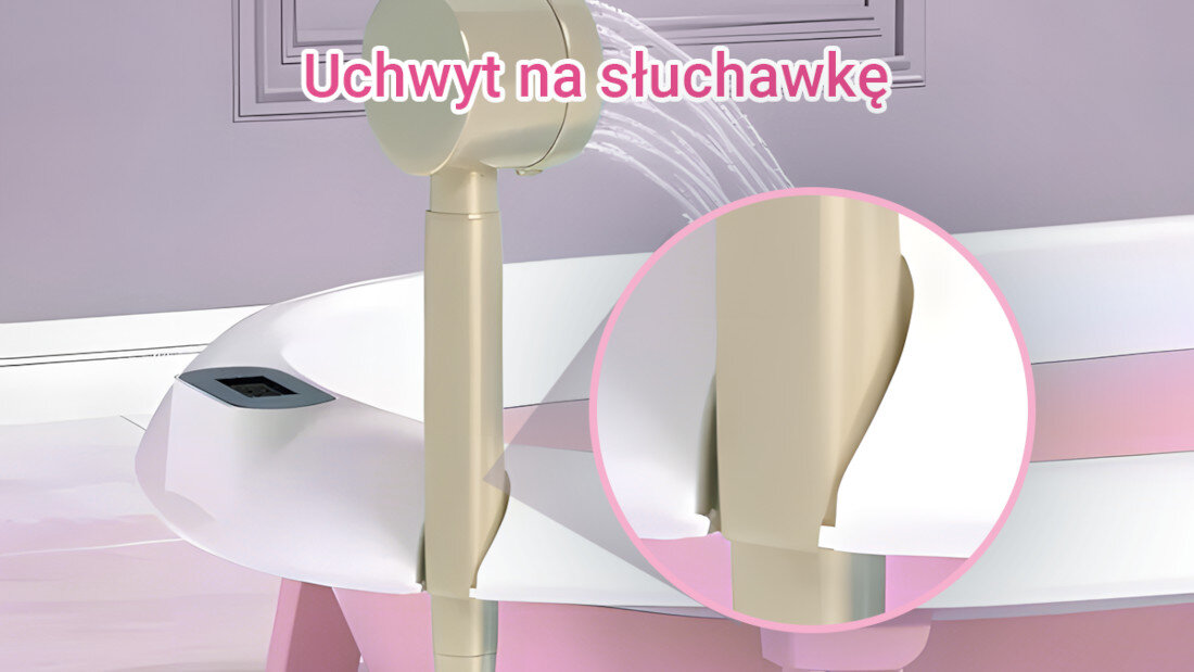 Wanienka dziecięca z termometrem LED w kolorze różowym, z uchwytem na słuchawkę prysznicową. Na obrazie widoczny jest napis \'Uchwyt na słuchawkę\'.