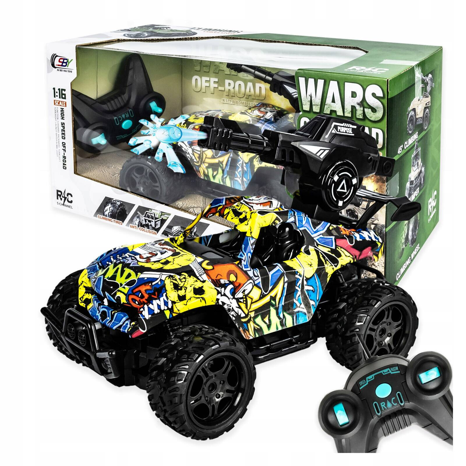 Zdalnie sterowany samochód z kolorową, graffiti stylizowaną karoserią i dużymi terenowymi kołami. W tle widoczne jest opakowanie z napisem \'WARS OFF-ROAD\'.